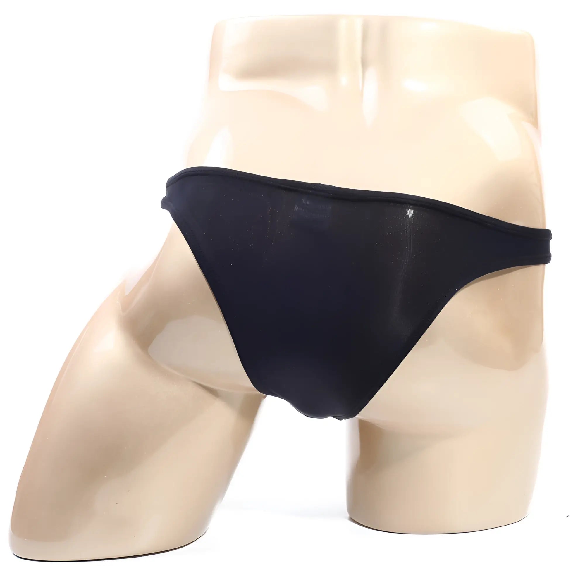 Black glossy mesh thong displayed on a mannequin metroMalewear Soto bikini black 2324-20 front view