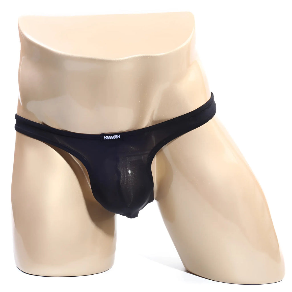 Black sheer mesh thong bikini with solid waistband and anony brand embroidery in white metroMalewear soto black 2324-20