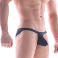 Black form-fitting thong with narrow waistband and small red logo on side from metromalewear sox bikini 2604-20