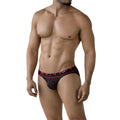 Black briefs with red geometric patterns and a white logo on the waistband from MetroMaleWear spade bikini 5103-M36