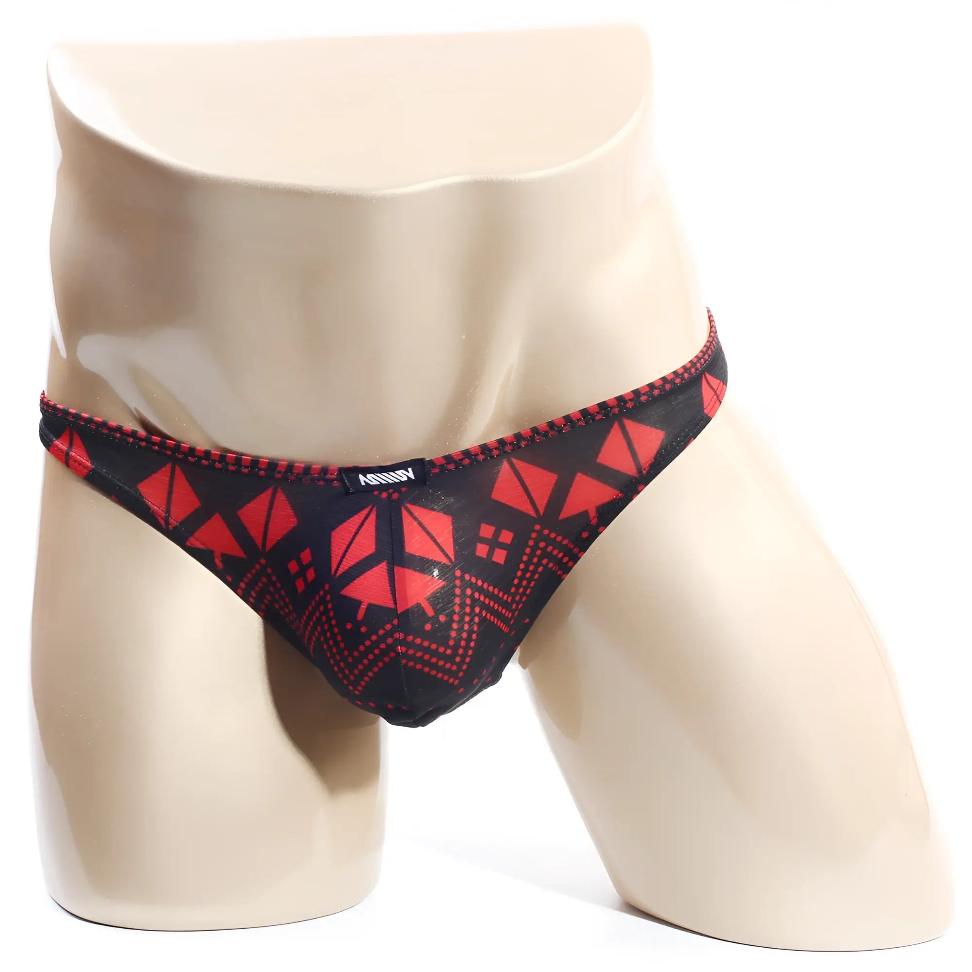 MetroMaleWear spade thong 2302-74 black and red geometric men’s briefs with mesh fabric finish