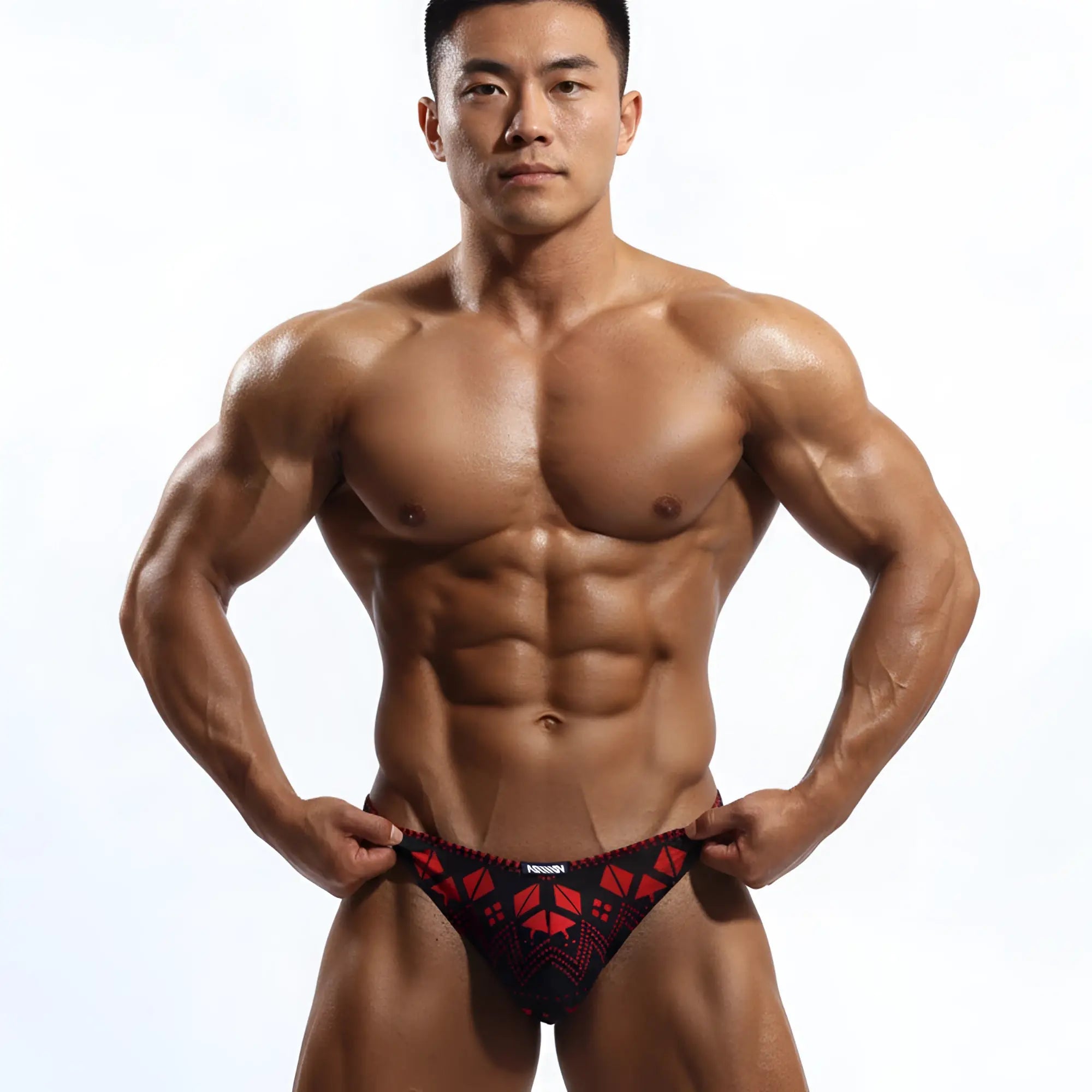MetroMaleWear Spade thong 2302-74 black and red patterned athletic briefs with geometric design front view