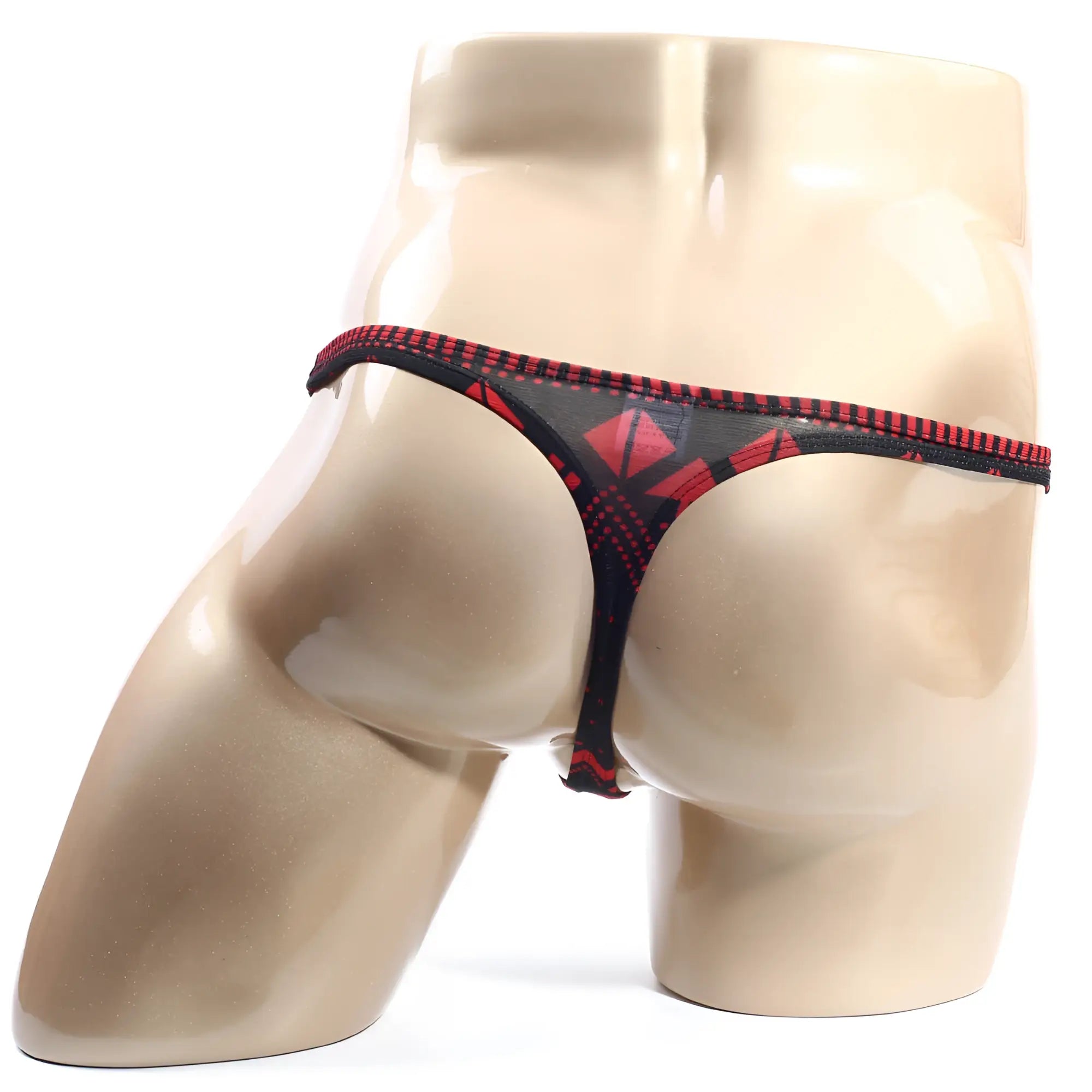 Black and red patterned thong with geometric design by metromalewear spade thong 2302-74 front view