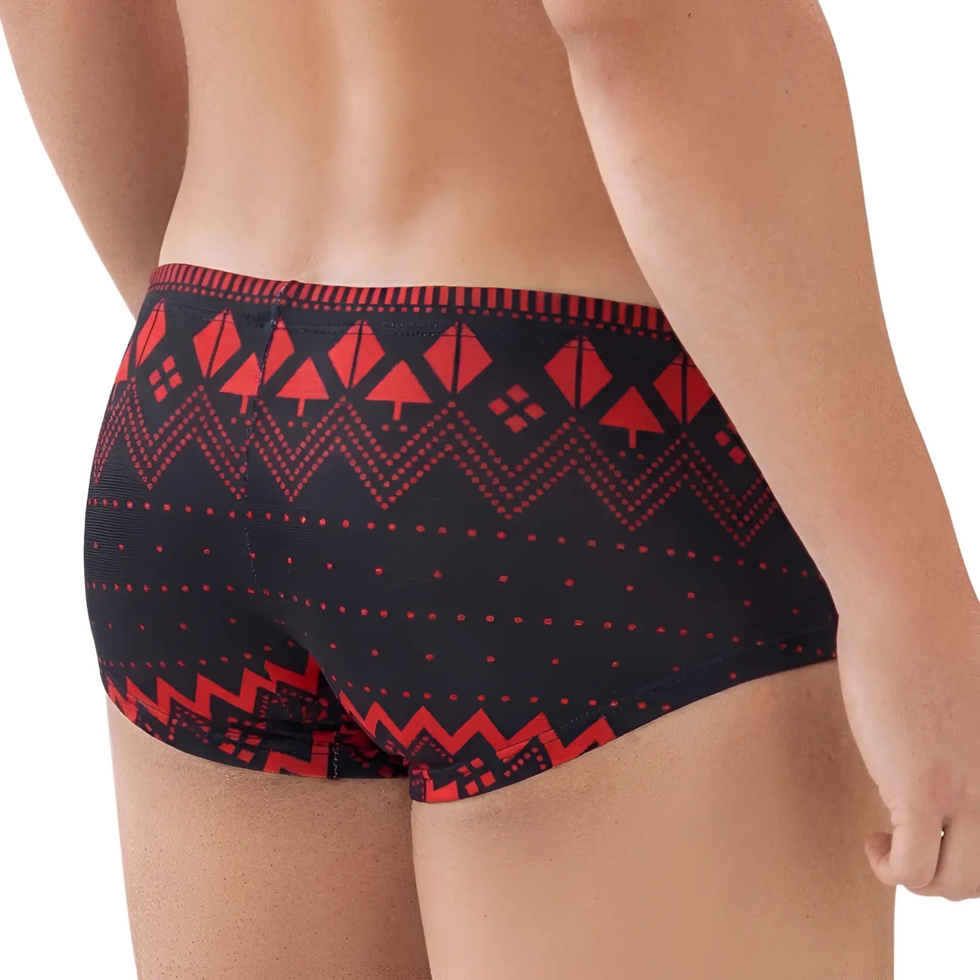 Black swim trunks with bold red geometric zigzag, triangle, and dotted pattern metroMalewear spade trunk 2125-36