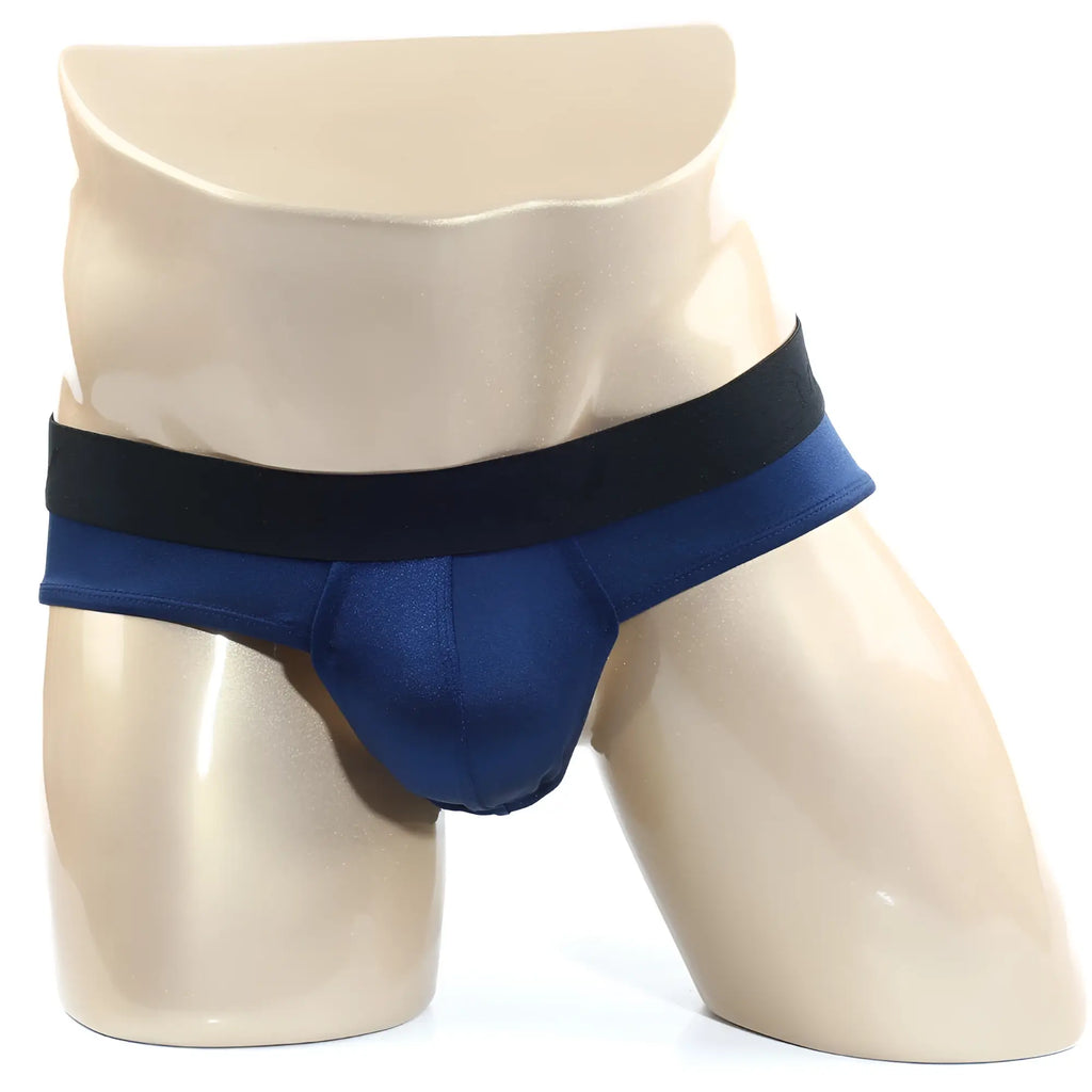Navy blue satin briefs with a black elastic waistband from metromalewear spark brief dark blue 5006-27 collection