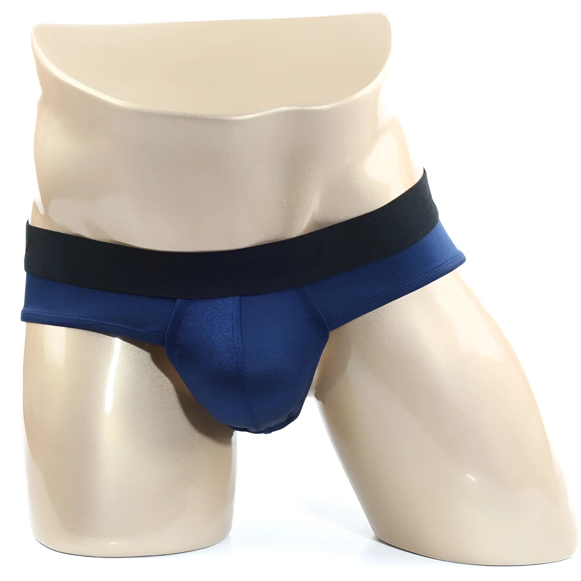 Navy blue satin briefs with a black elastic waistband from metromalewear spark brief dark blue 5006-27 collection