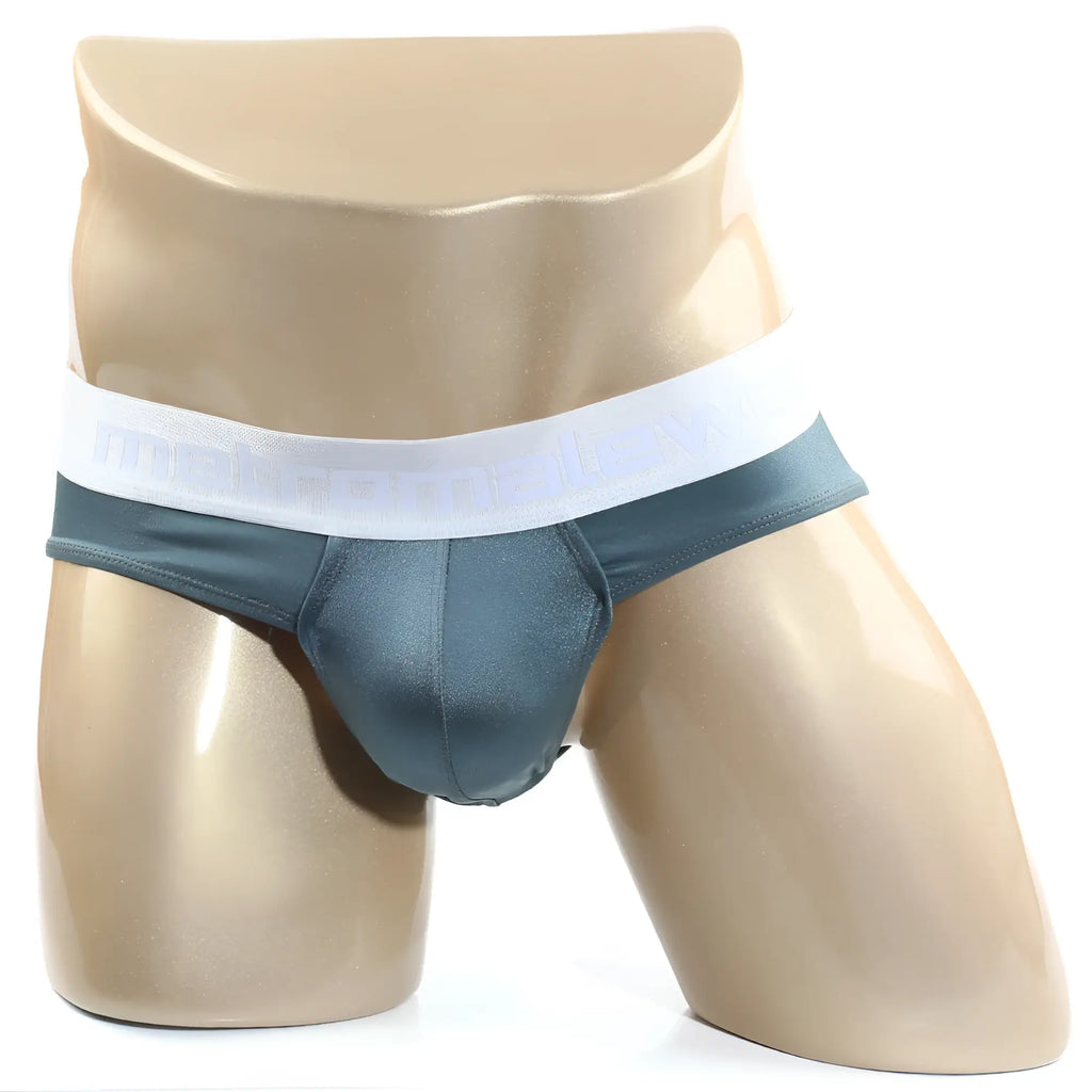 Dark teal satin briefs with white elastic waistband and subtle MetroMaleWear branding in green sparkle design