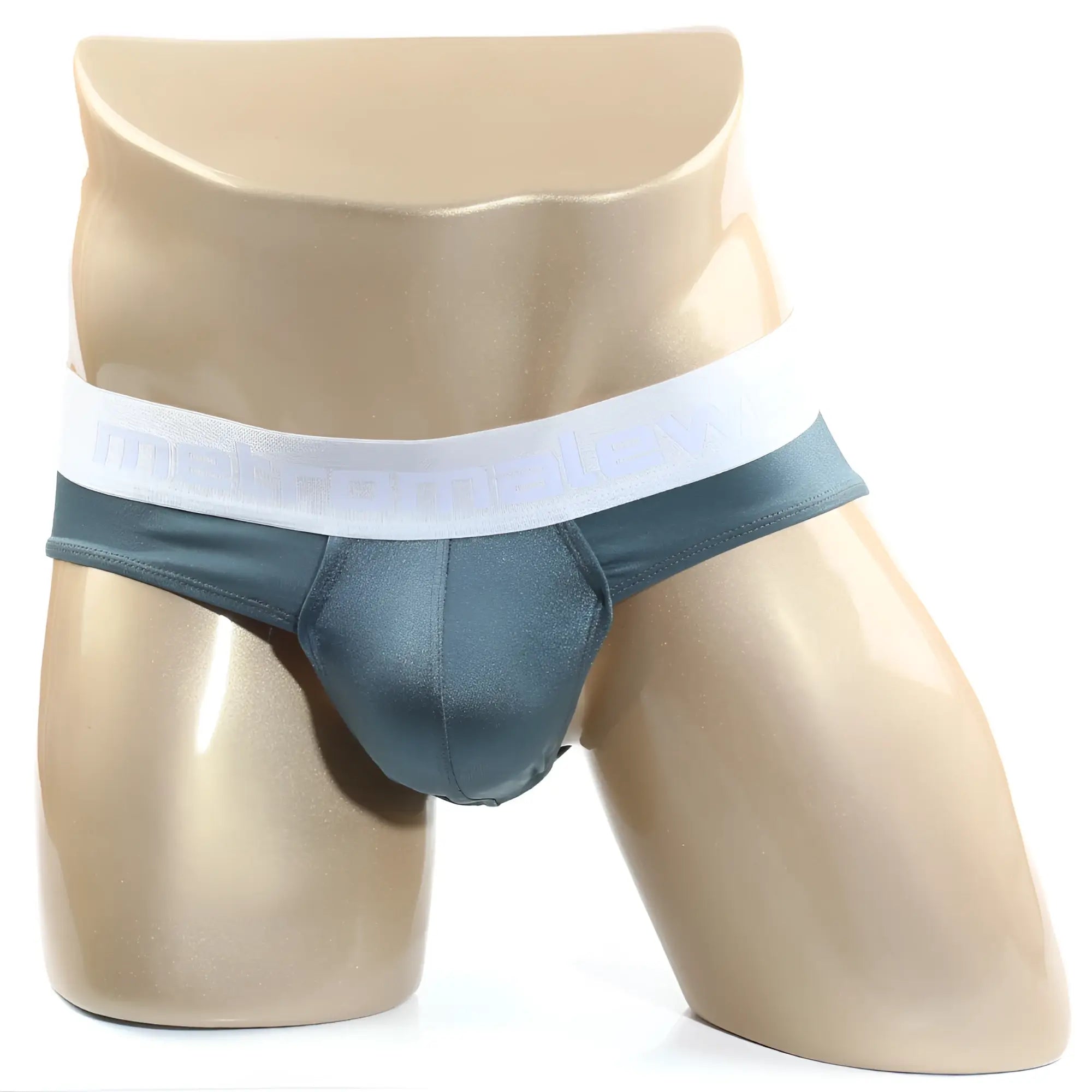 Dark teal satin briefs with white elastic waistband and subtle MetroMaleWear branding in green sparkle design