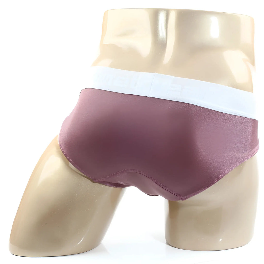 A mauve satin brief with a white elastic waistband from metro malewear spark brief pink 5006-02 collection