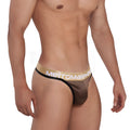 Bronze metallic briefs with black trim and gold metromalewear waistband spark thong gold 2502-21 front view