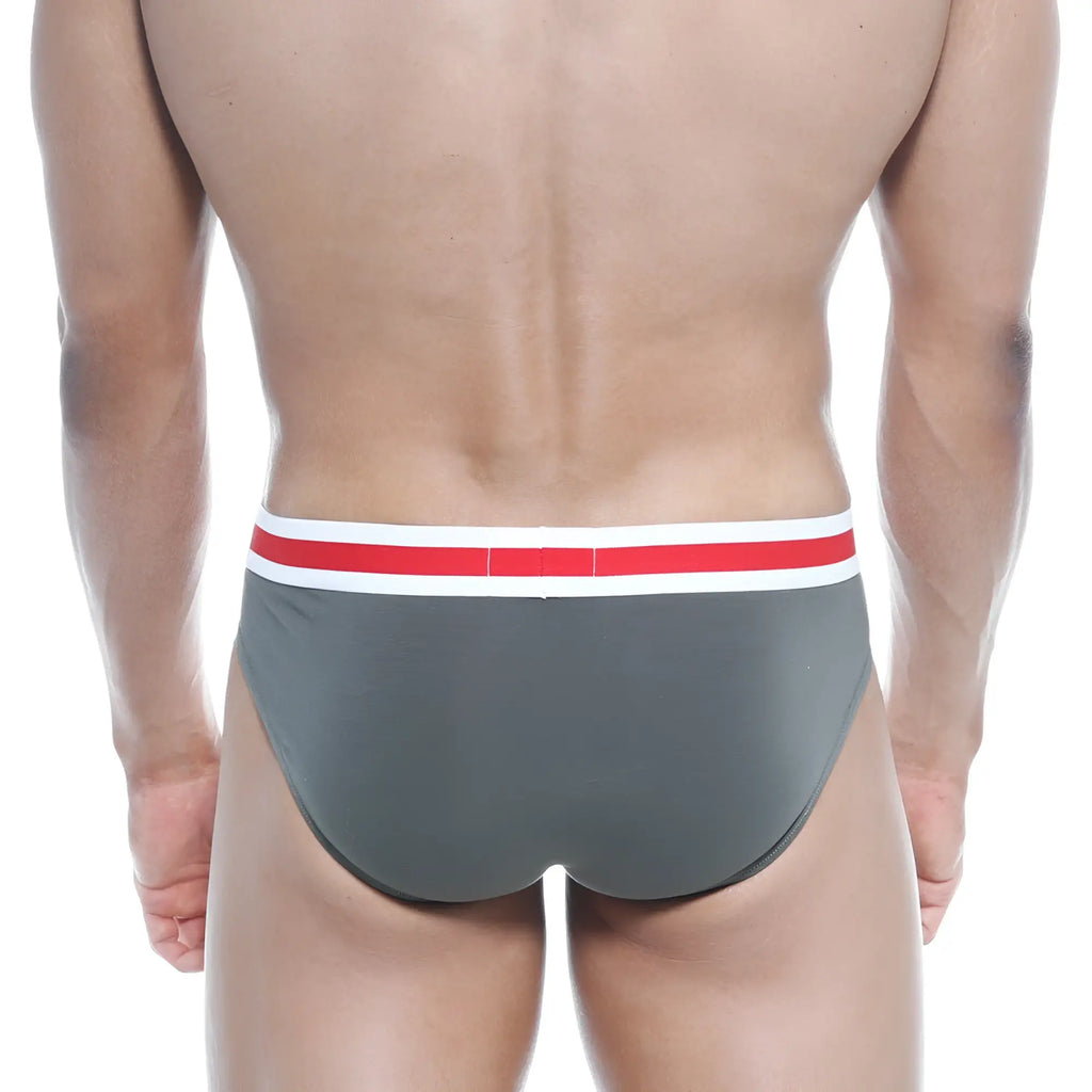 Gray briefs with red and white striped waistband from metromalewear spartacus brief green 3804-26 collection