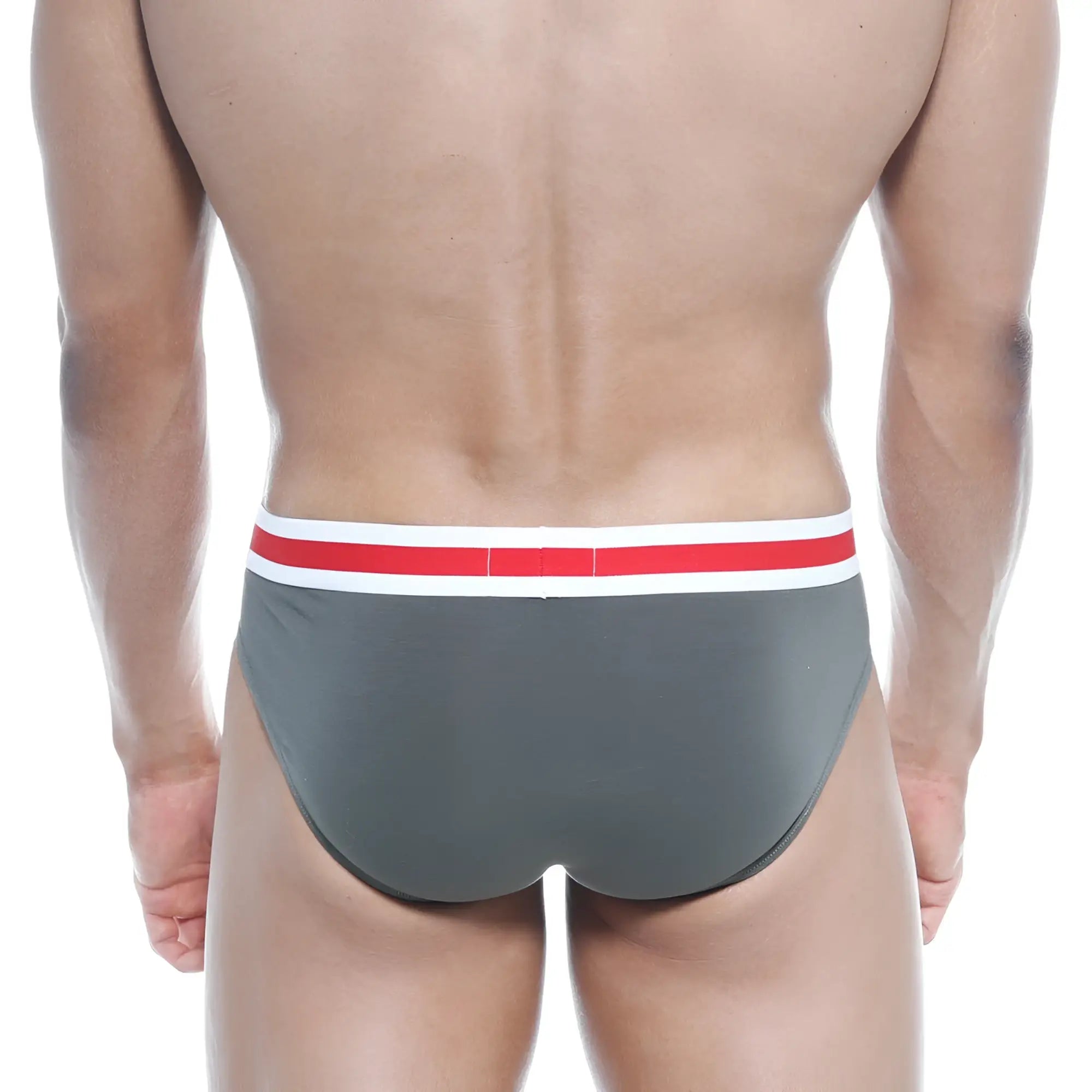 Gray briefs with red and white striped waistband from metromalewear spartacus brief green 3804-26 collection