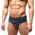 Blue lace briefs with black Greek key pattern waistband and metallic gold accents from MetroMaleWear Aladdin swim brief