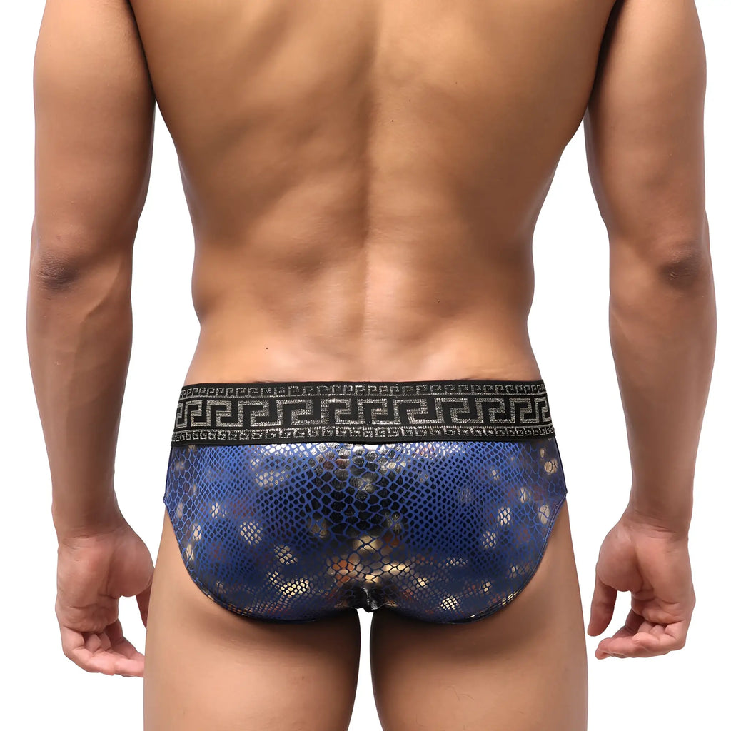 MetroMaleWear special edition Aladdin swim brief in blue snakeskin pattern with black Greek key waistband