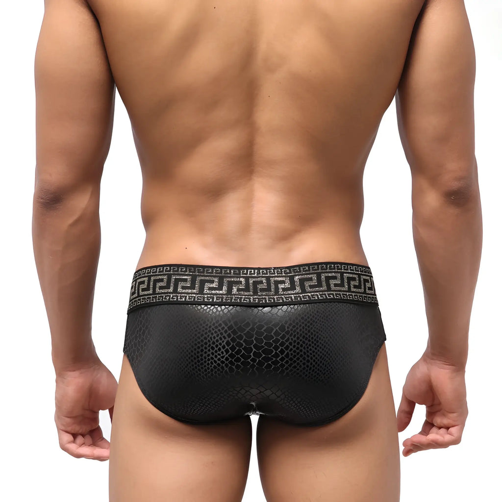MetroMaleWear special edition anaconda swim brief in black textured fabric with greek key pattern waistband
