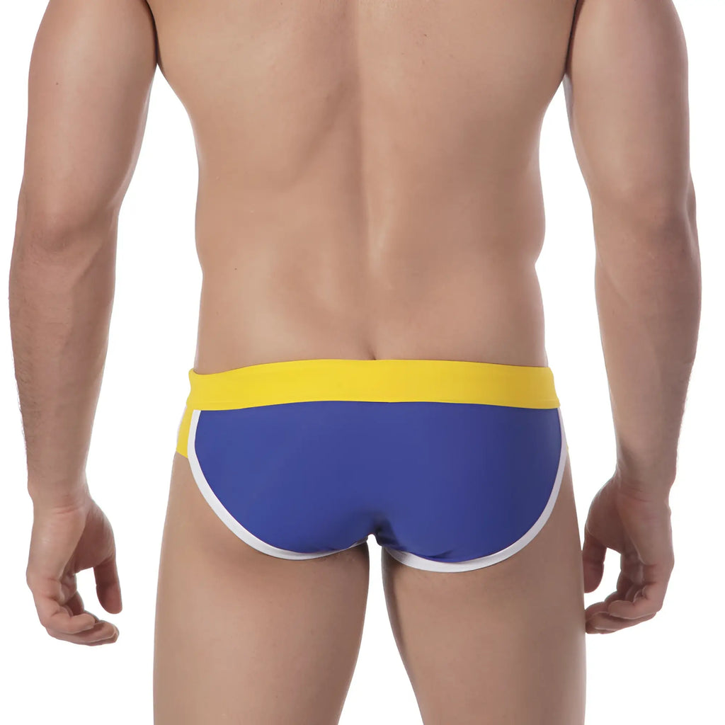 Blue and yellow metro malewear split swim brief with white trim designed for swimming and beachwear