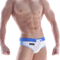White and blue metroamalewear split swim brief with drawstring waistband designed for swimming and beachwear