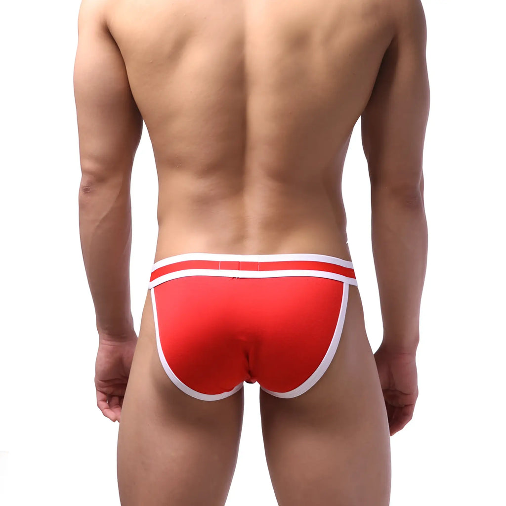 MetroMaleWear sport bikini briefs in red with white trim designed for athletic comfort and support