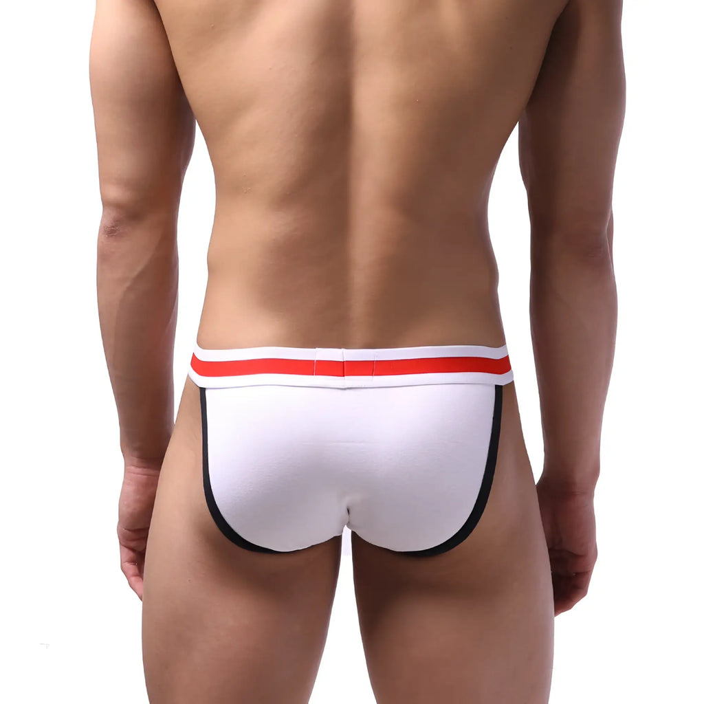 White athletic briefs MetroMaleWear Sport Bikini 3004-38 with red white striped waistband and black leg trim