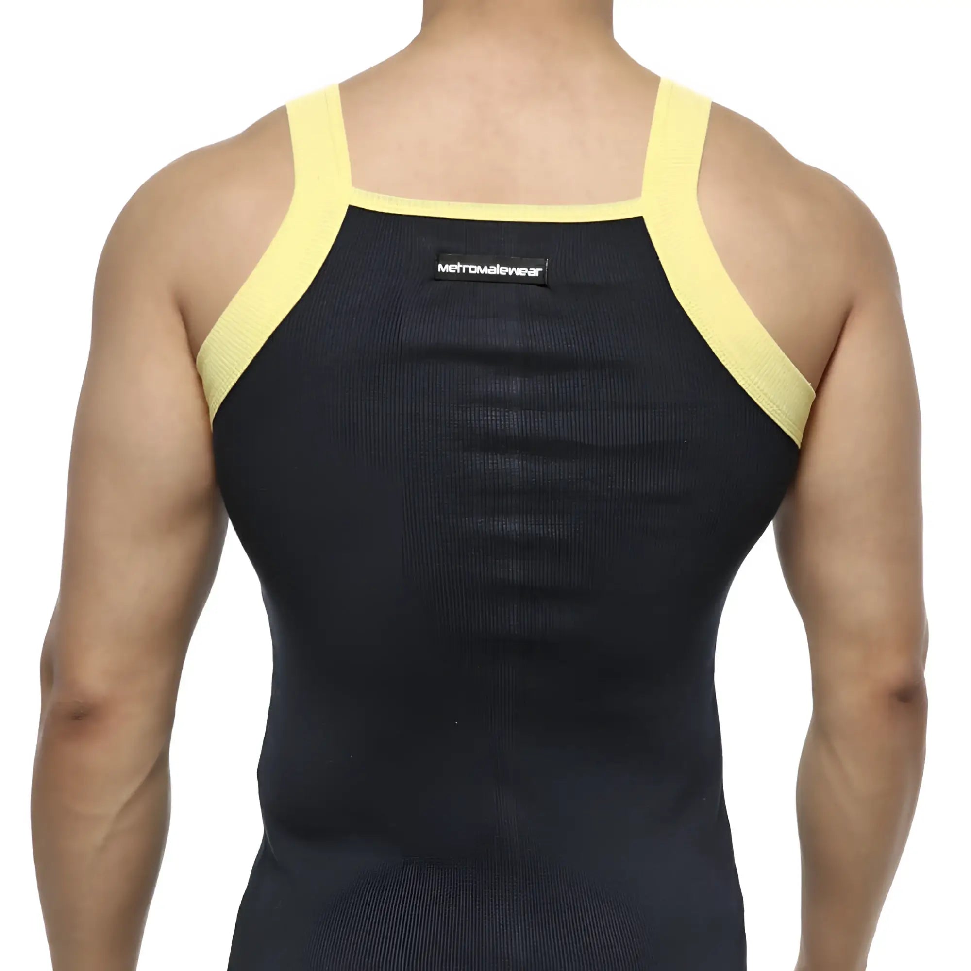 Black and yellow ribbed fabric athletic tank top with metromalewear label metro male wear square cut navy 3125-28