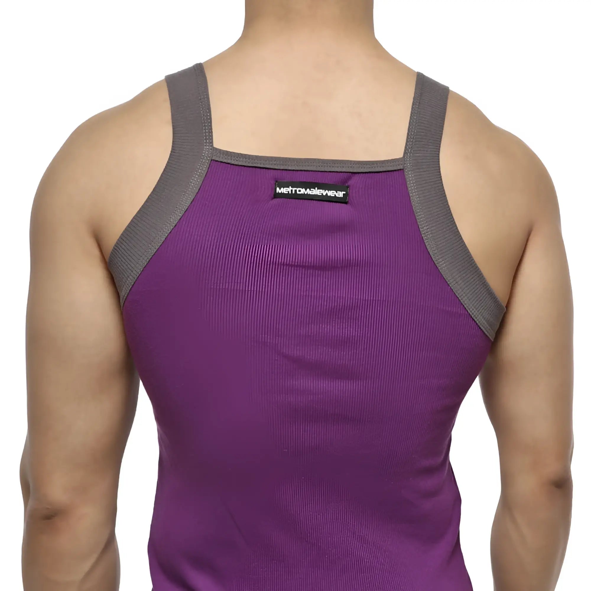 Purple ribbed MetroMaleWear square cut tank top with gray shoulder straps and black brand label visible on front