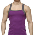 MetroMaleWear square cut tank top in purple with gray ribbed shoulder straps made of soft breathable fabric