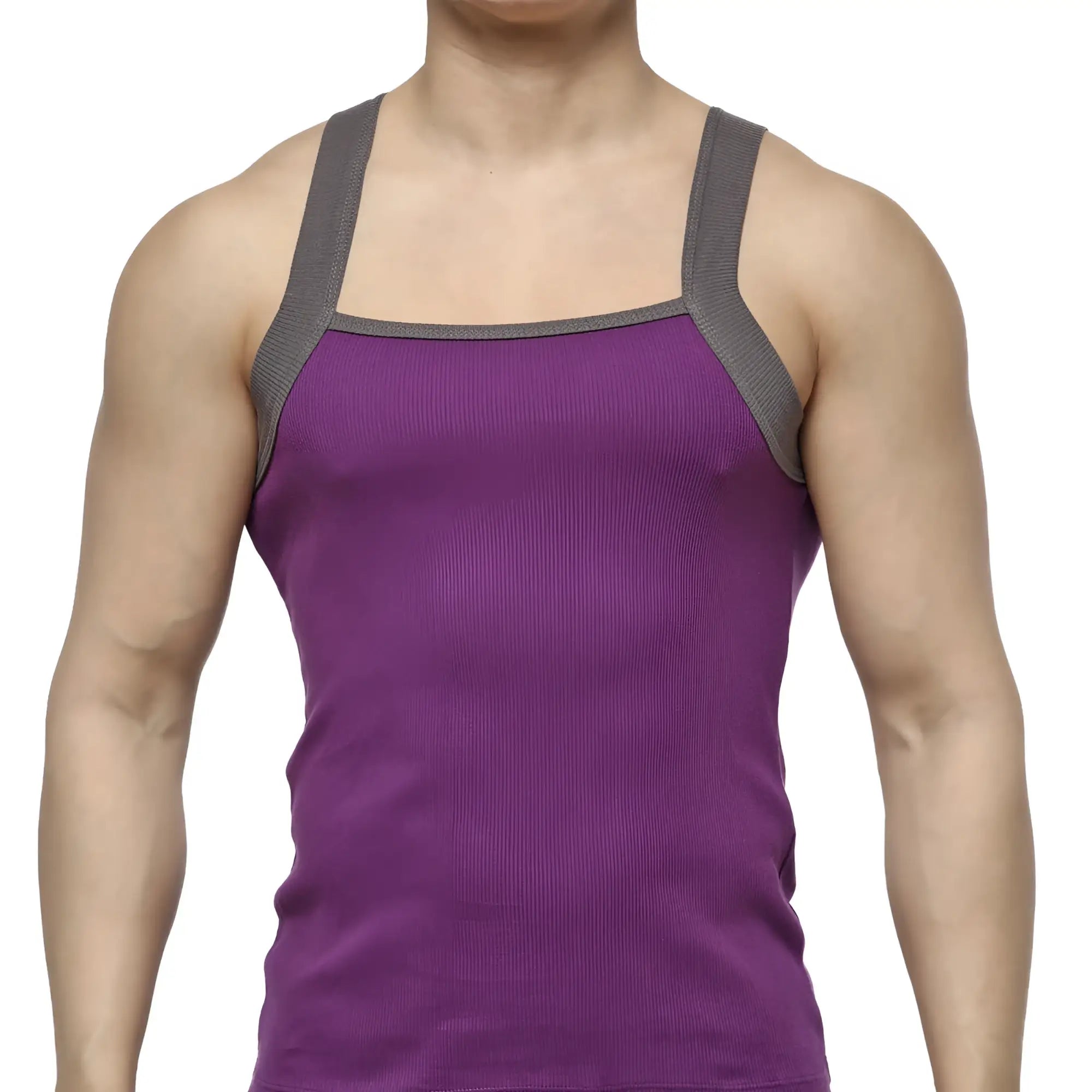MetroMaleWear square cut tank top in purple with gray ribbed shoulder straps made of soft breathable fabric