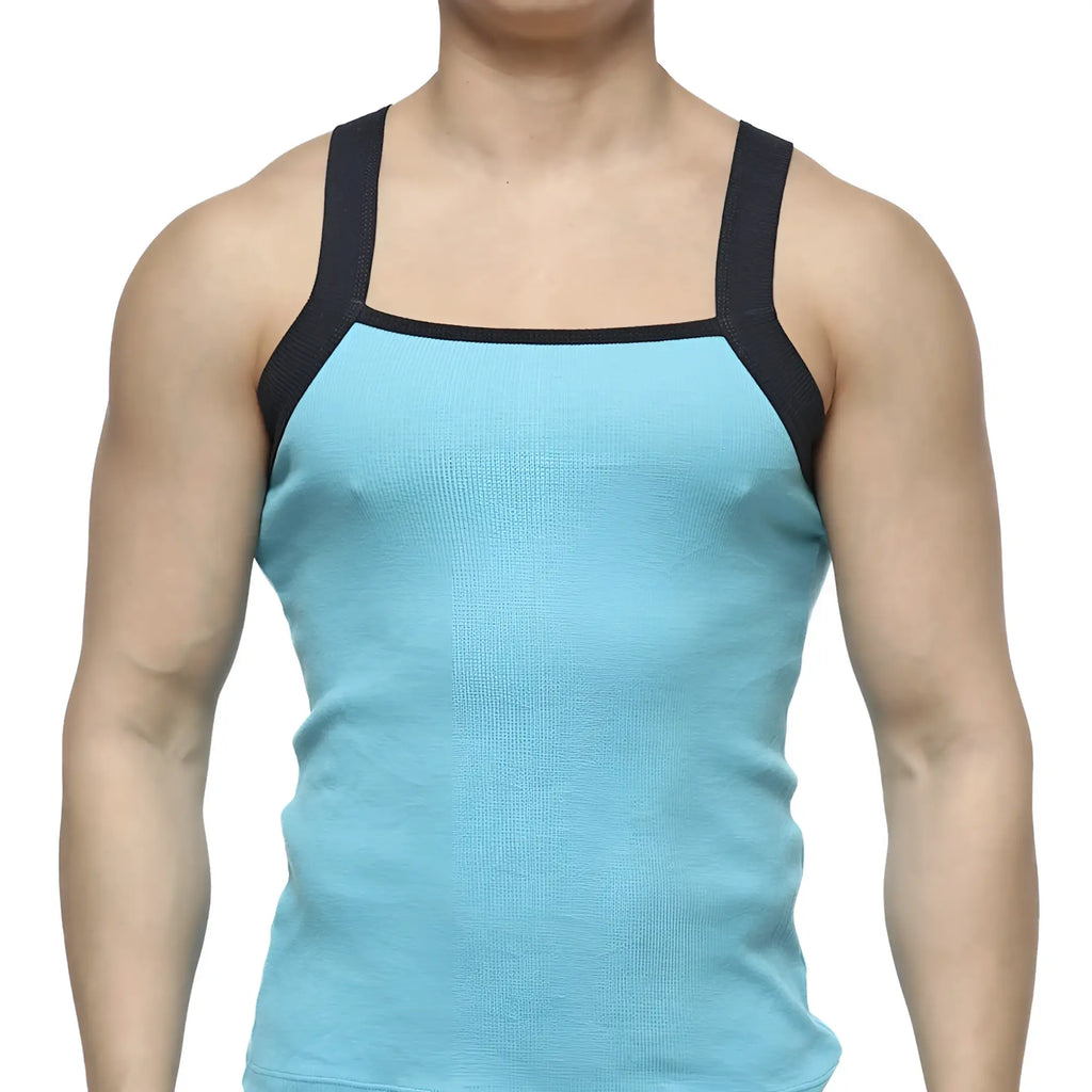 Light blue ribbed MetroMaleWear square cut tank top with black shoulder straps for casual wear