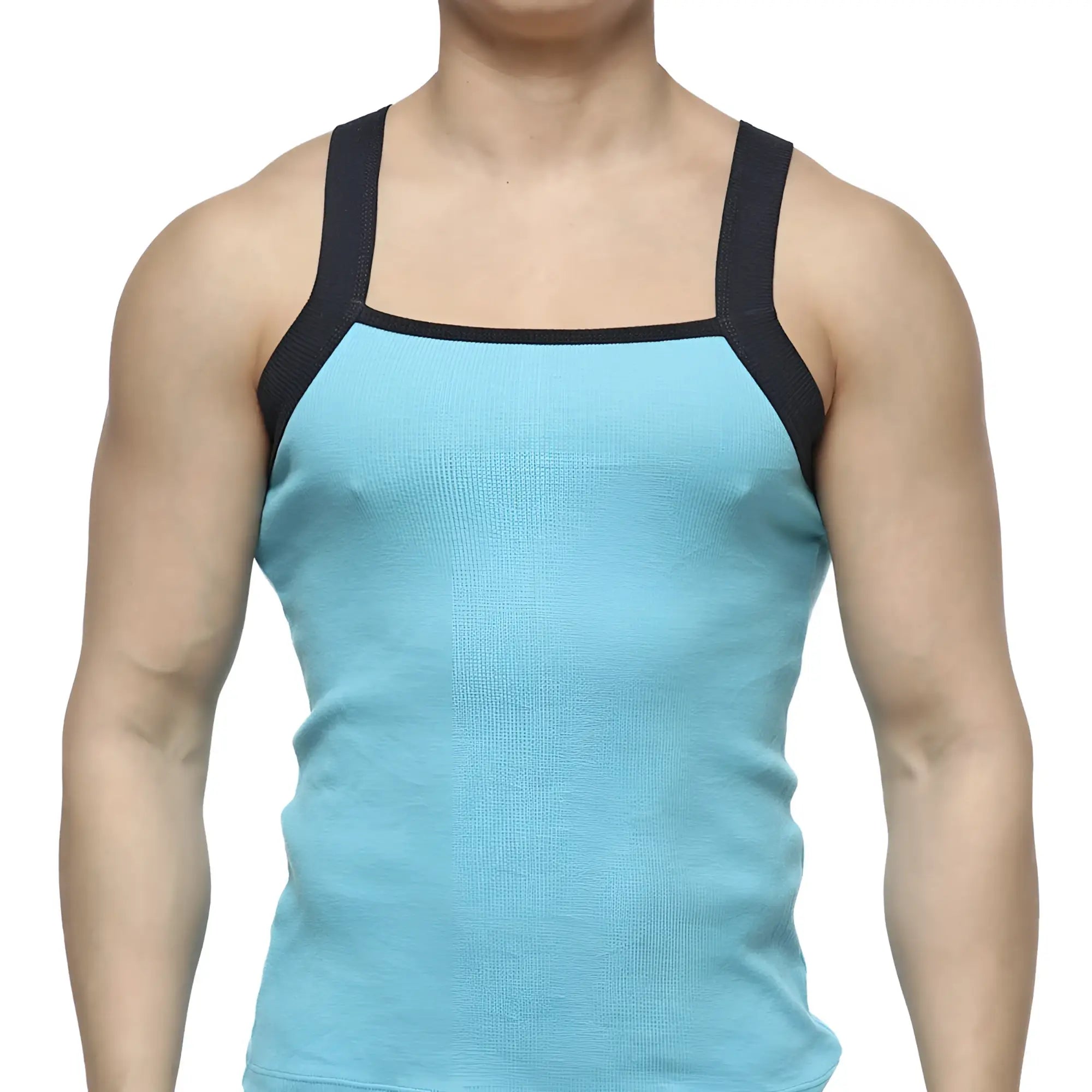 Light blue ribbed MetroMaleWear square cut tank top with black shoulder straps for casual wear