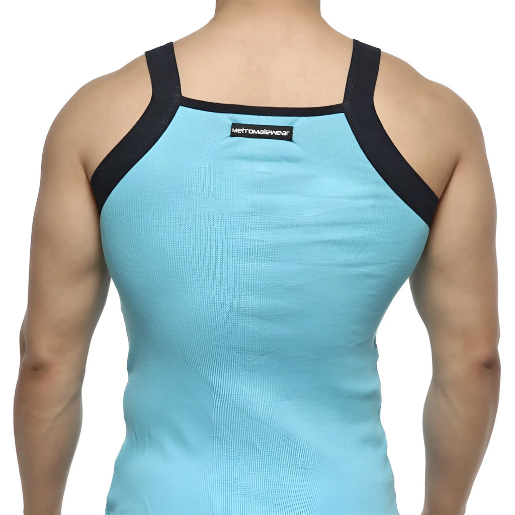 Back view of metro male wear turquoise square cut tank top with light blue ribbed fabric and black mesh shoulder straps