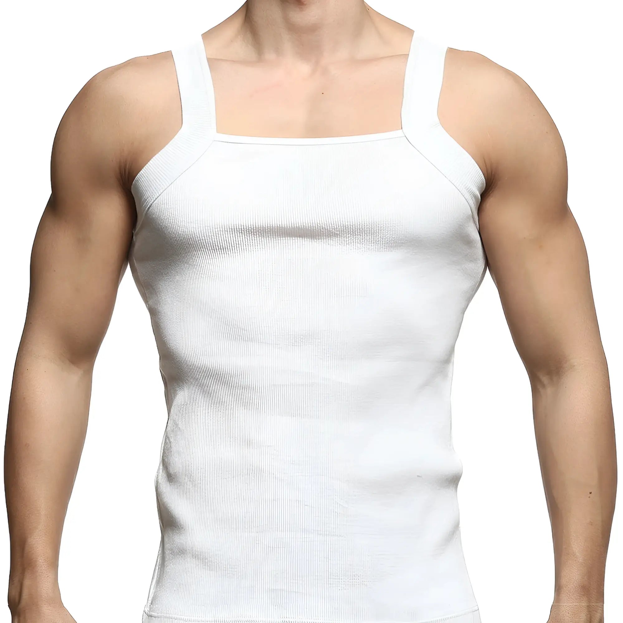 White ribbed cotton tank top with square neckline and wide shoulder straps by MetroMaleWear model 3125-00