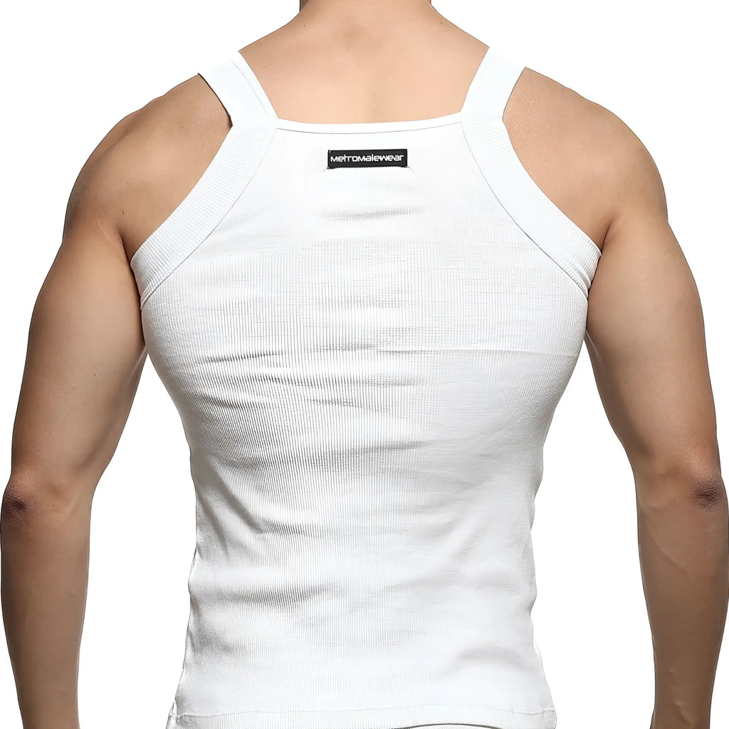 White ribbed metroMalewear tank top with thin straps and black brand label visible on the back side