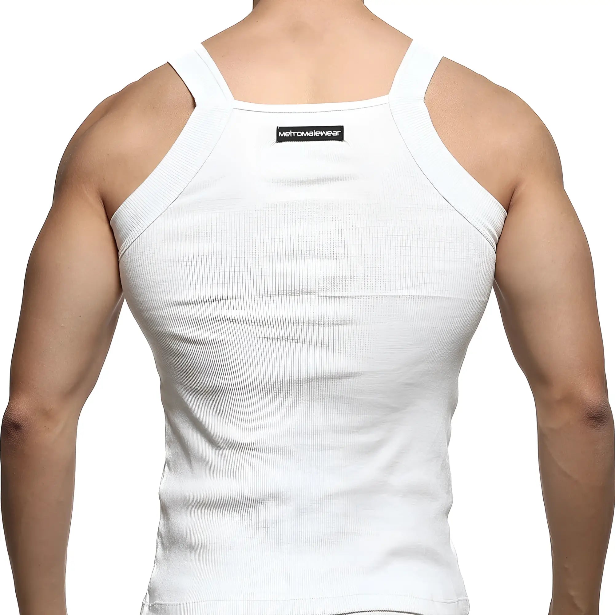 White ribbed metroMalewear tank top with thin straps and black brand label visible on the back side