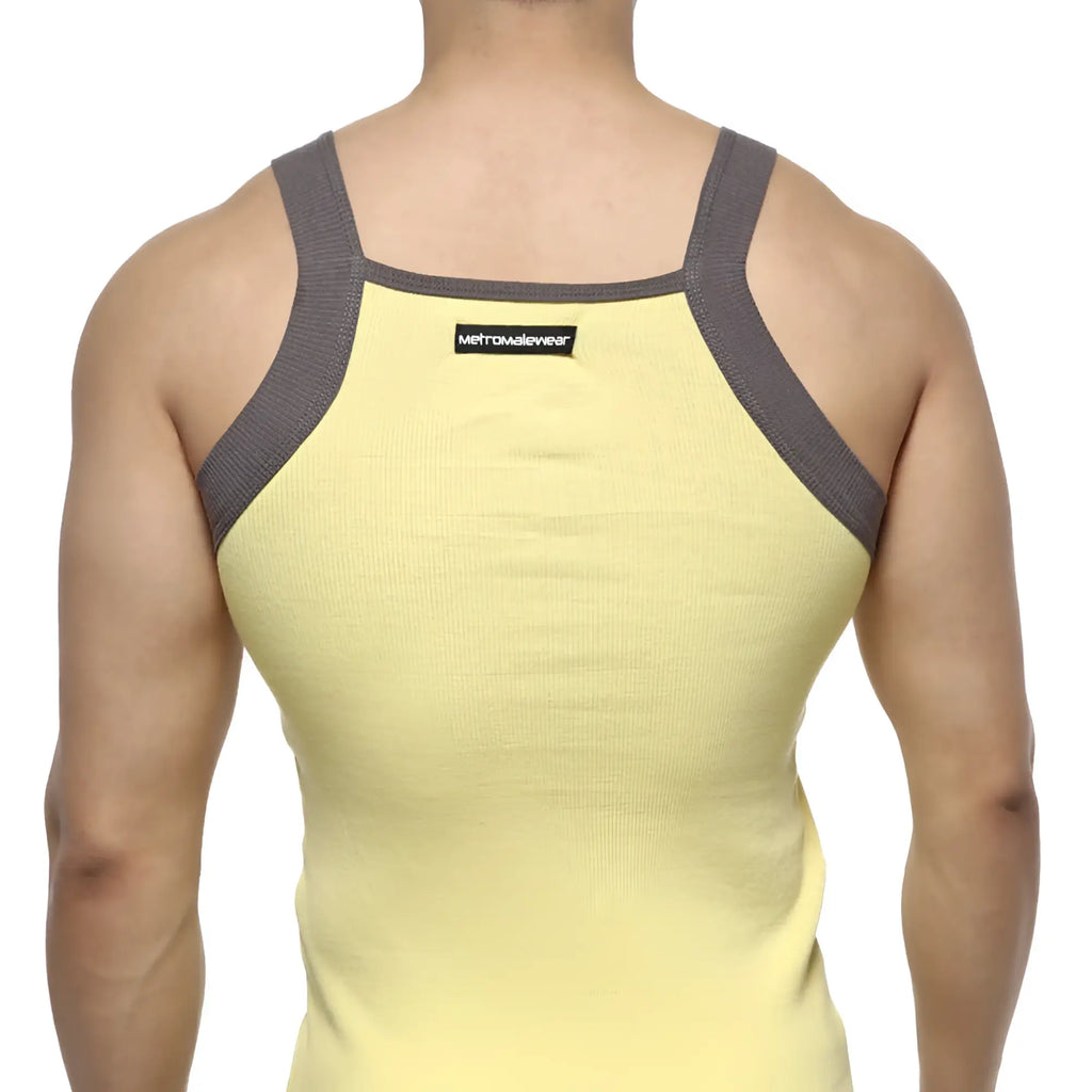 MetroMaleWear square cut tank top yellow with gray ribbed shoulder straps designed for athletic wear