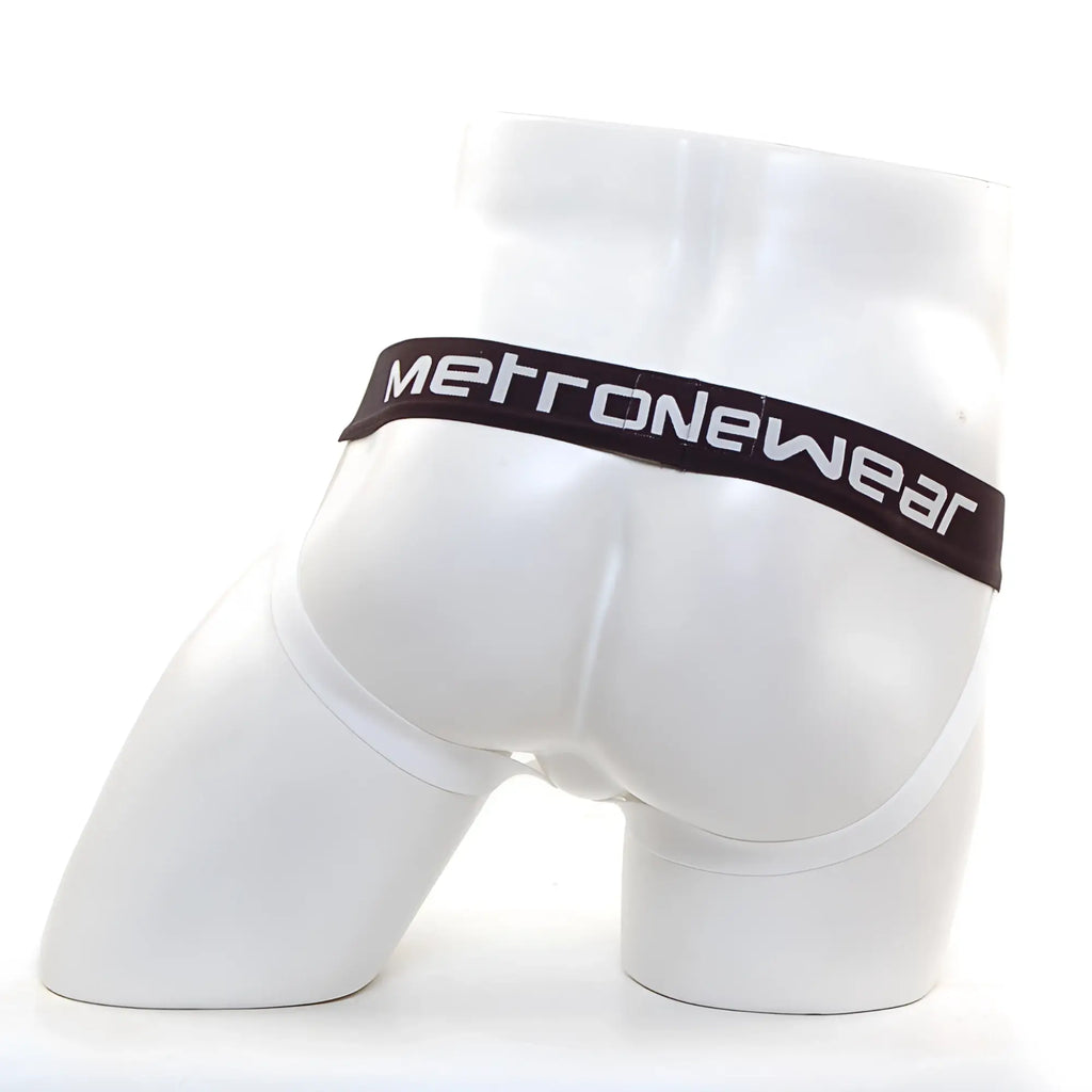 White metronewear briefs with a black waistband featuring white lettering from metro malewear star jock strap ivory 3001-37