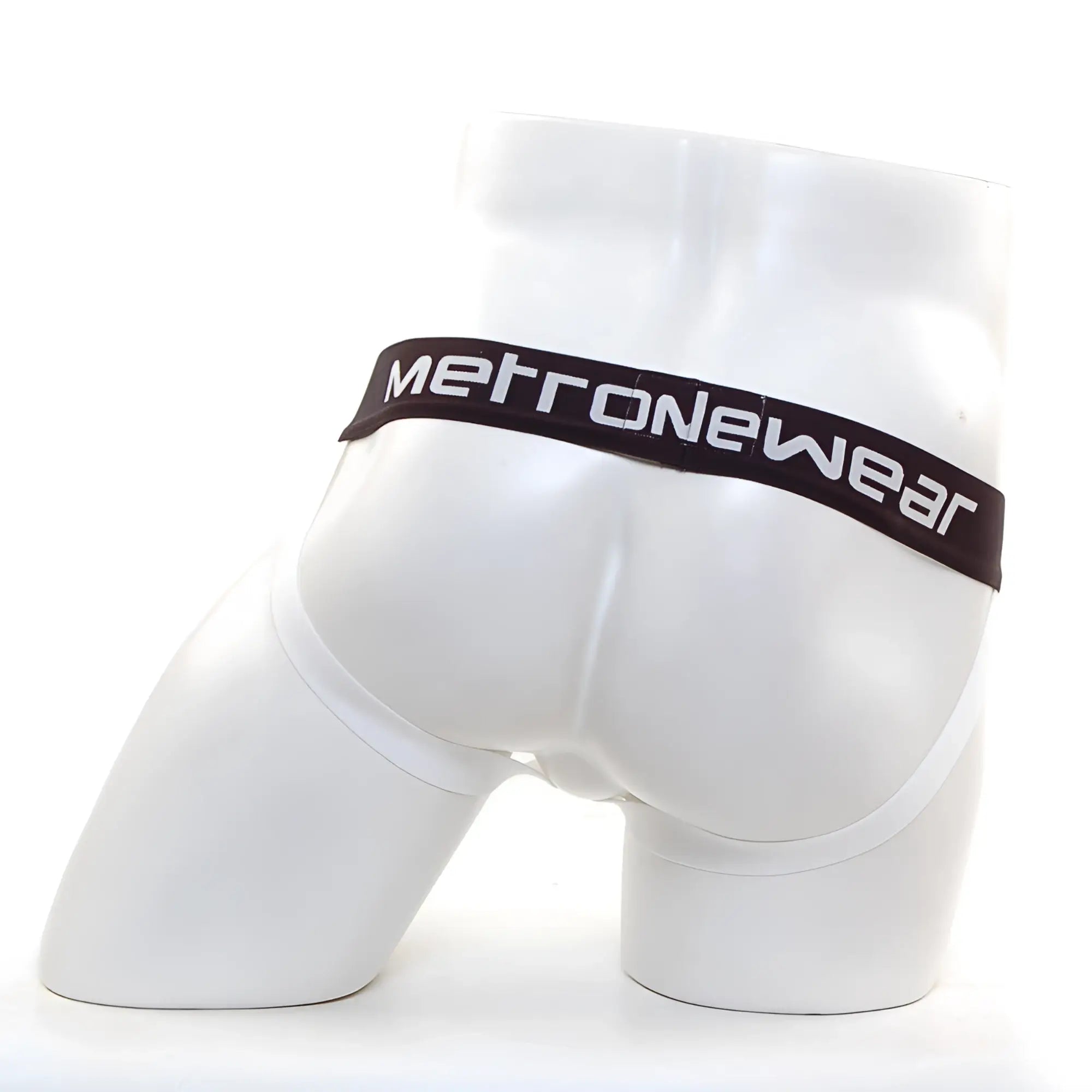 White metronewear briefs with a black waistband featuring white lettering from metro malewear star jock strap ivory 3001-37