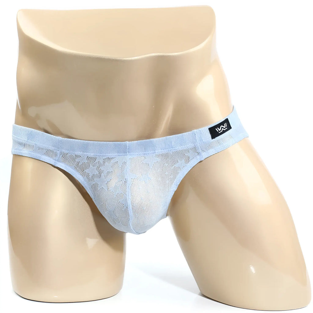 Light blue mesh lace-trimmed men’s briefs with black metro-malewear brand tag stardust bikini 5103-m52
