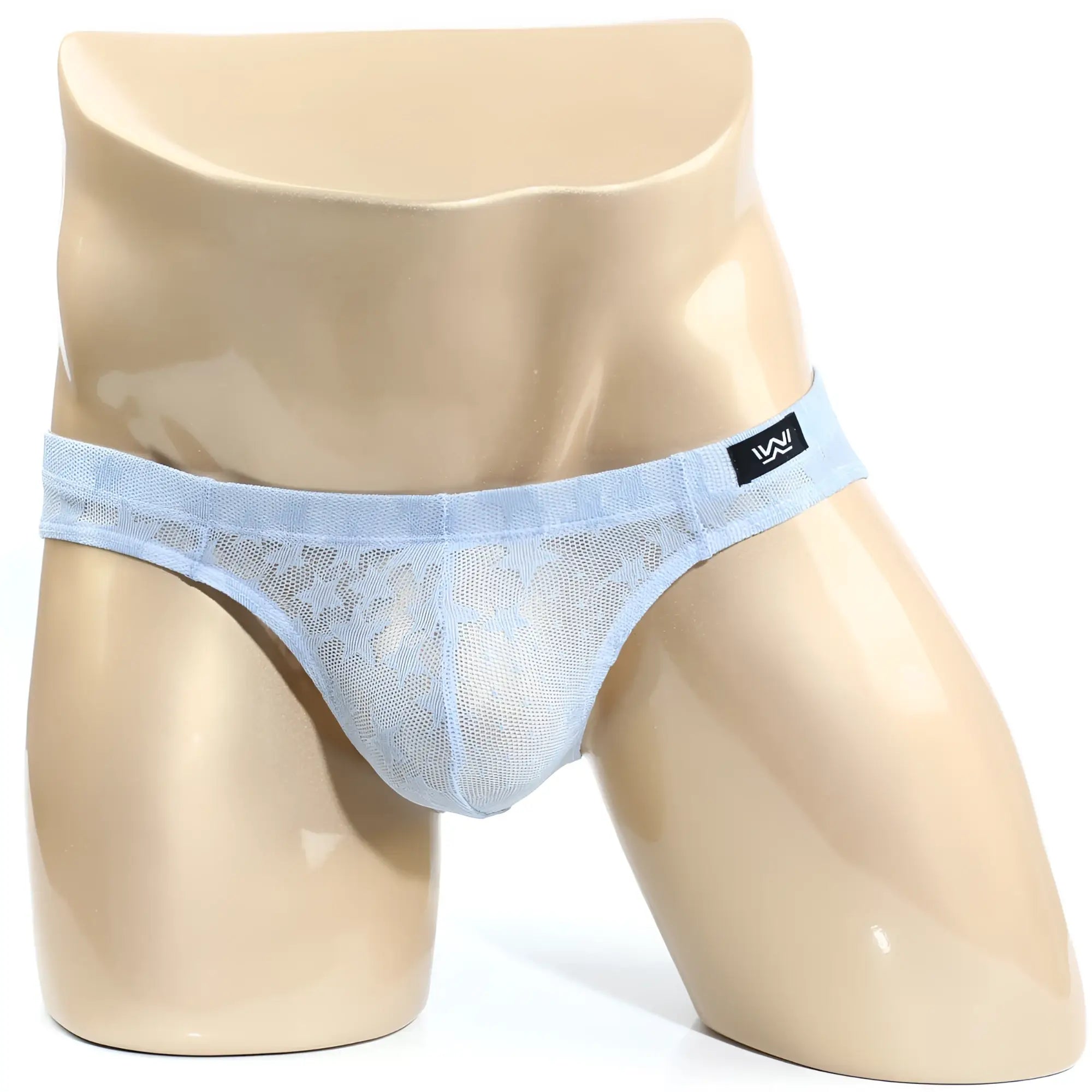 Light blue mesh lace-trimmed men’s briefs with black metro-malewear brand tag stardust bikini 5103-m52