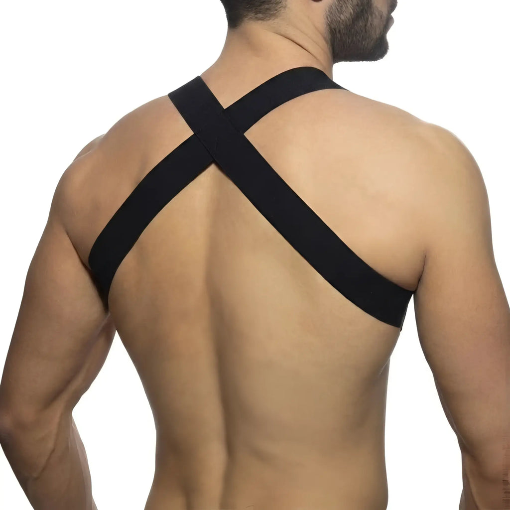Back view of black elastic strap harness metroMalewear stars harness 1400-40 designed for comfortable wear
