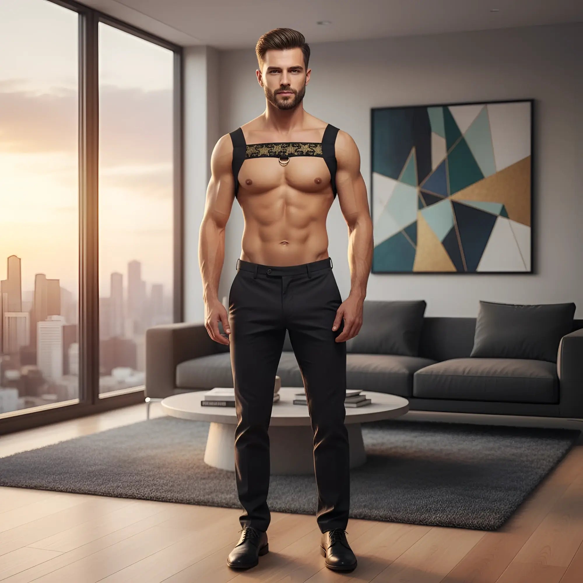 Black leather harness with gold embroidery across the chest from MetroMaleWear Stars Harness 1400-40 collection