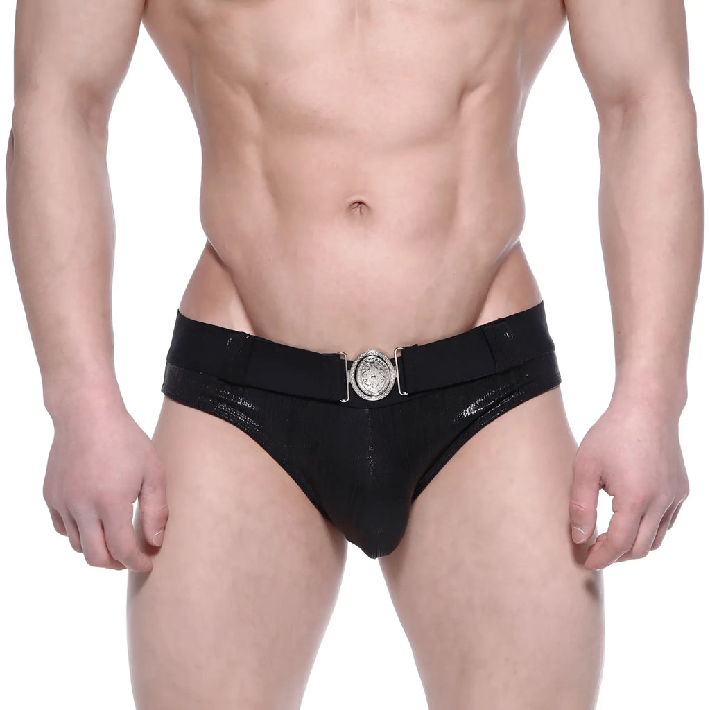 Metromalewear stars swim brief black patent leather with a silver toned circular buckle front detail