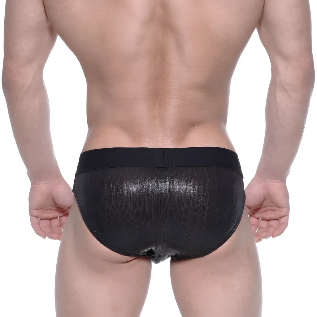 MetroMaleWear STARS swim brief black shiny mesh with ribbed texture and elastic waistband for comfortable fit