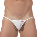 White mens thong bikini with thin adjustable straps and a small red metro malewear brand tag front view