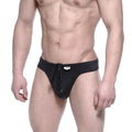 Black men’s swim trunks with drawstring waistband and small brand tag metroMalewear street swim thong 4992-20