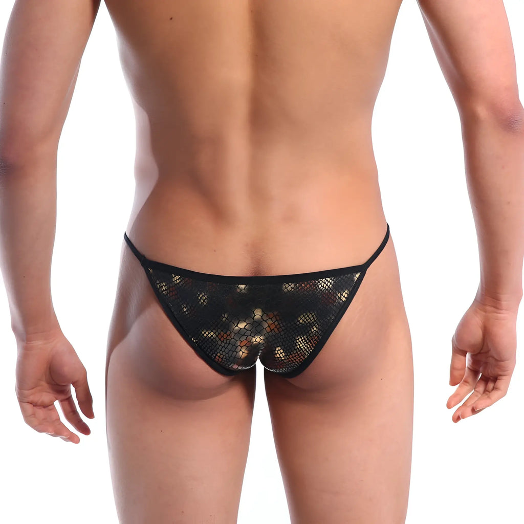 Black mesh thong string bikini with subtle gold and brown dragon pattern from metromalewear model 2005-42
