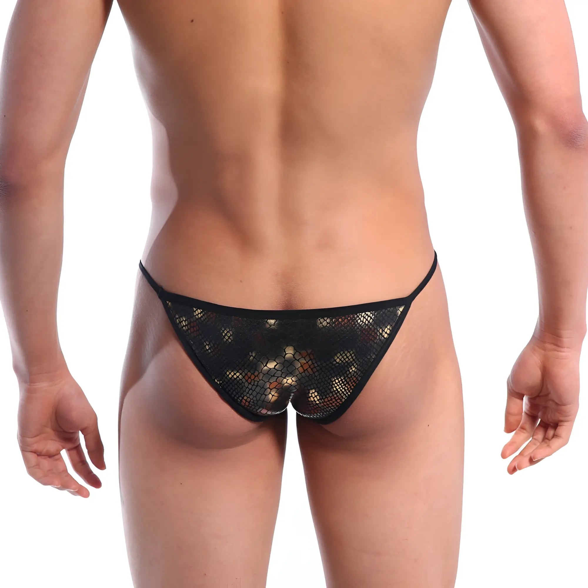 Black mesh thong string bikini with subtle gold and brown dragon pattern from metromalewear model 2005-42
