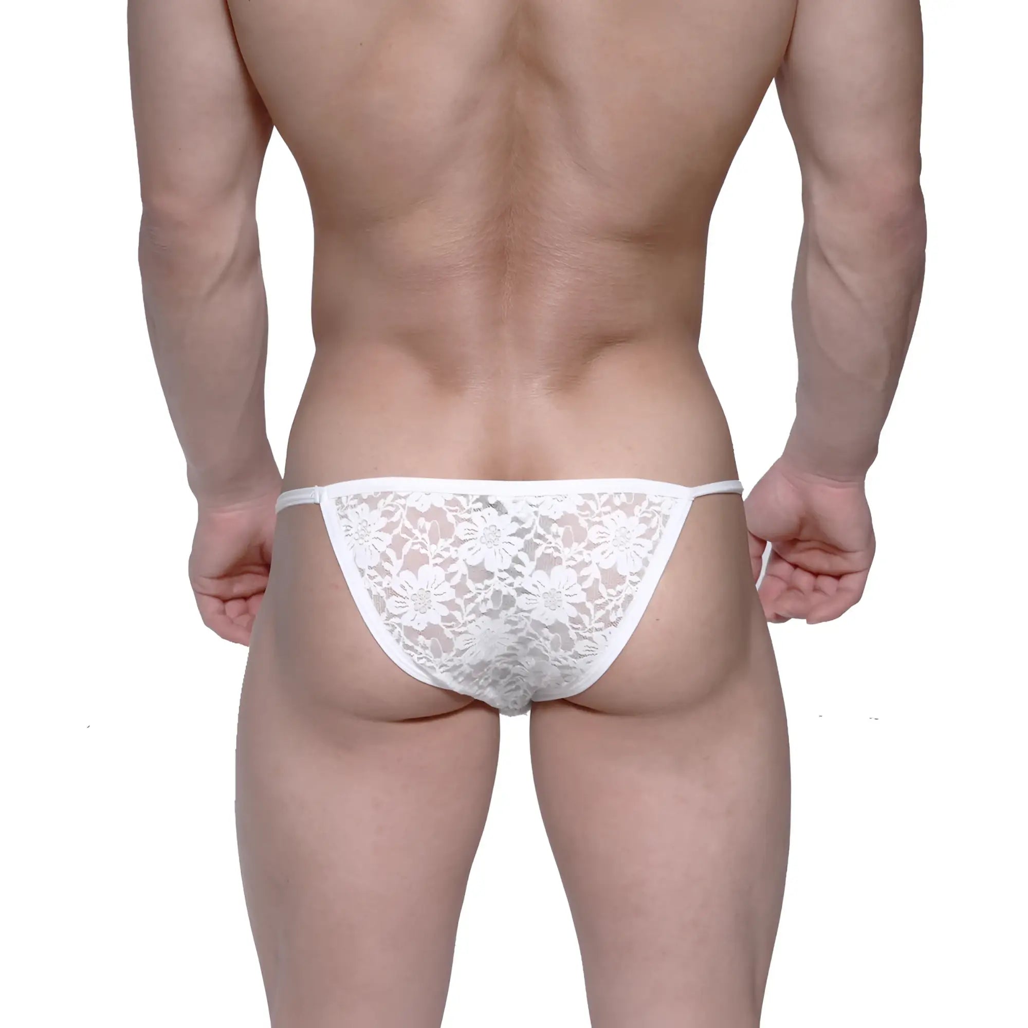White lace thong with floral pattern and thin straps from metromalewear string bikini collection 2005-70