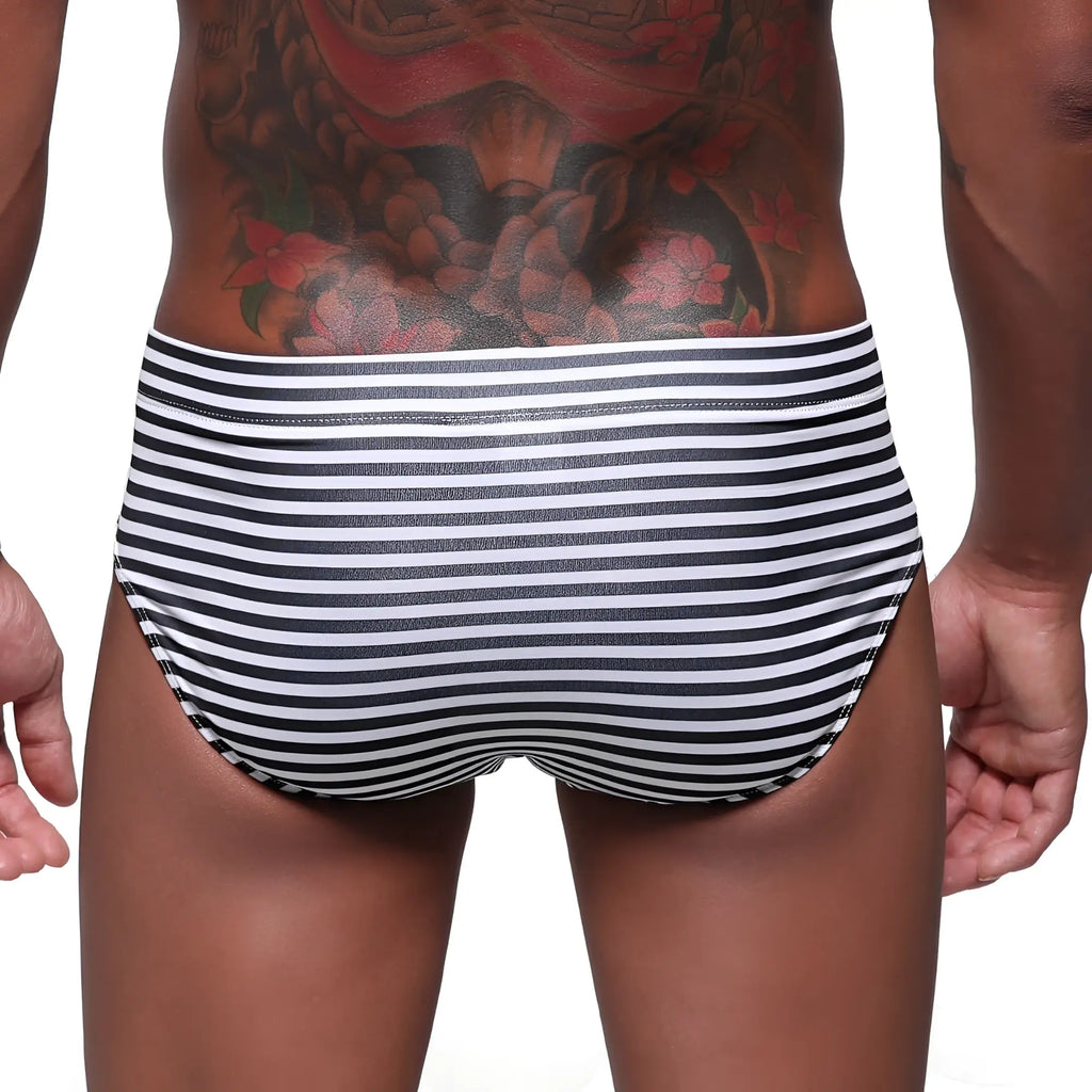 MetroMaleWear stripe swim brief black 4928-03 men’s snug fit black and white striped swim trunks front view