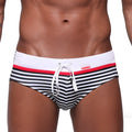 MetroMaleWear stripe swim brief white 4928-02 black and white striped swim trunks with red accent and white drawstring waistband