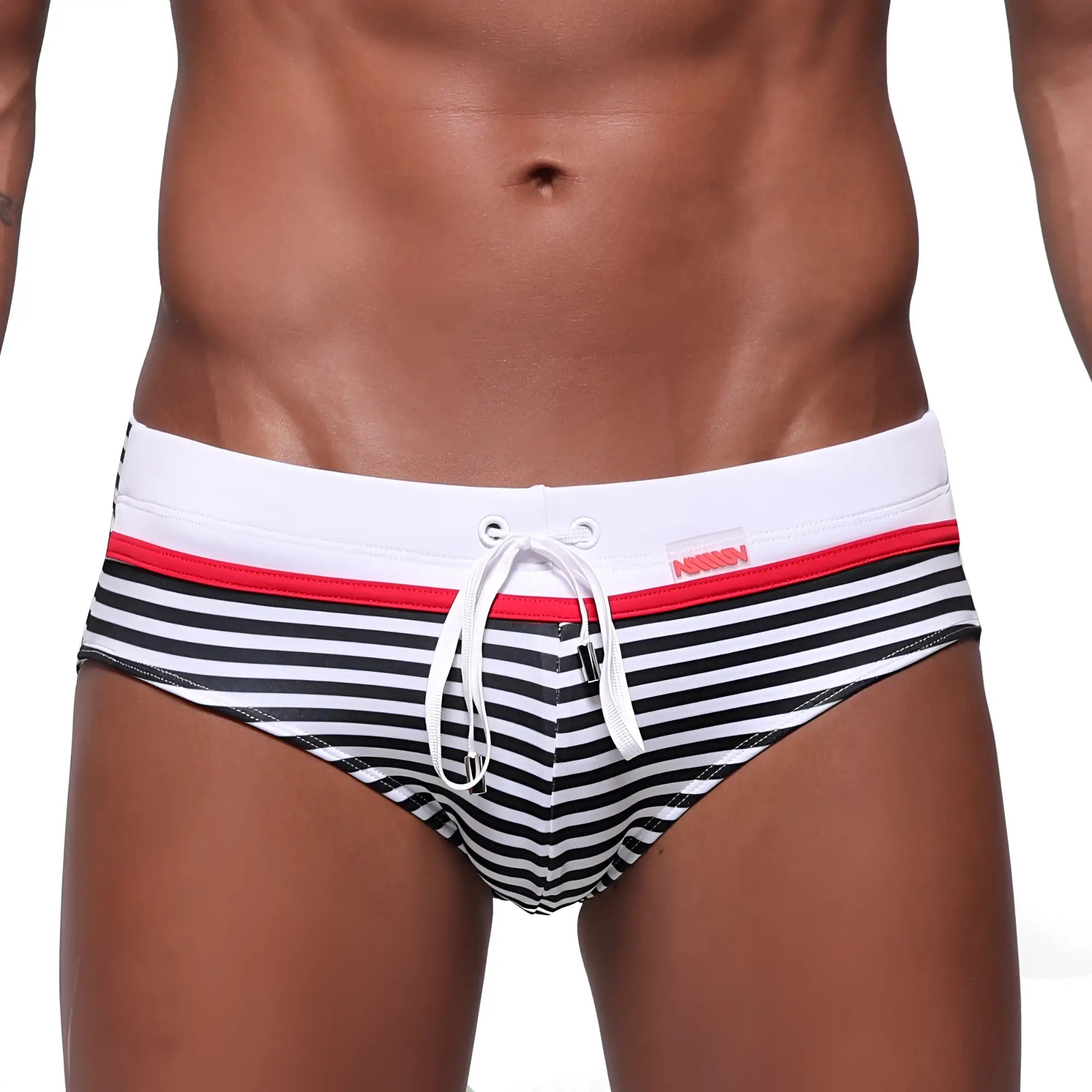 MetroMaleWear stripe swim brief white 4928-02 black and white striped swim trunks with red accent and white drawstring waistband